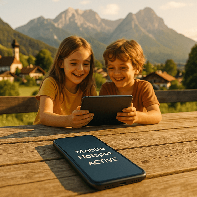 A family using a Yoho Mobile eSIM hotspot to share data on their devices while traveling in Bavaria.