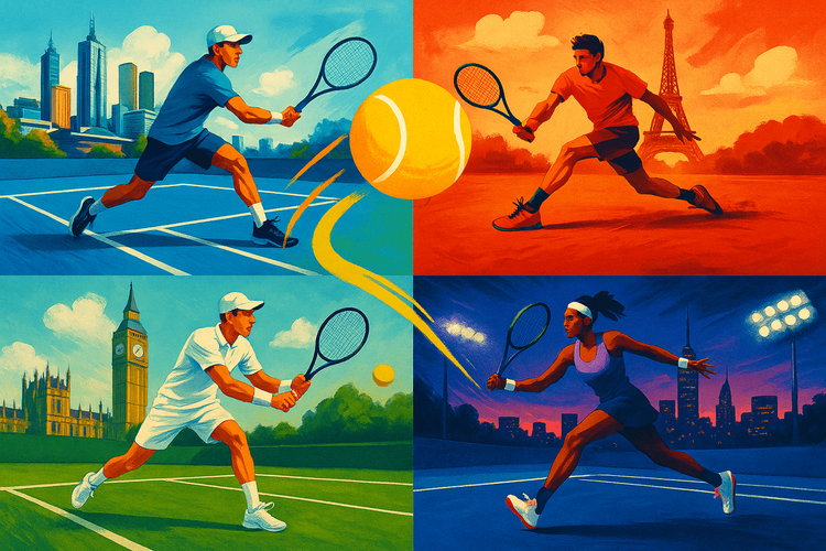 An ultimate guide to traveling for Tennis Grand Slam tournaments, featuring imagery from all four majors.