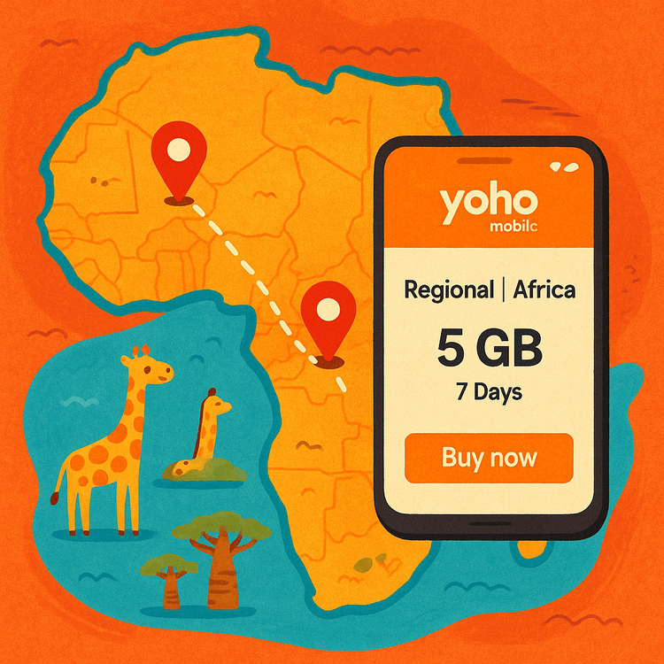 Map illustrating a multi-country Africa trip to Kenya and Madagascar, simplified with a single Yoho Mobile regional eSIM plan.