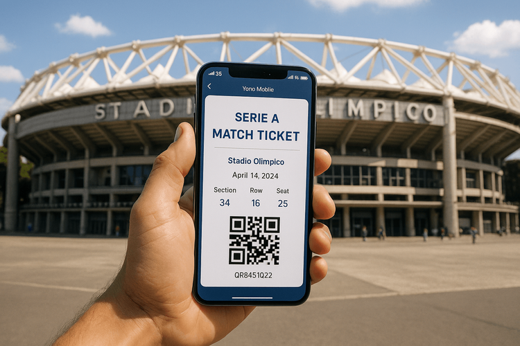 A fan holding a smartphone with a digital ticket and full Yoho Mobile eSIM signal outside Rome's Stadio Olimpico before a Serie A match.