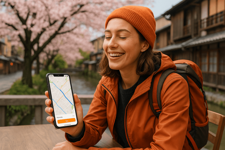 日本でナビゲーションにYoho MobileのeSIMを使い、データローミングを有効にするメリットを享受している楽しそうな旅行者。