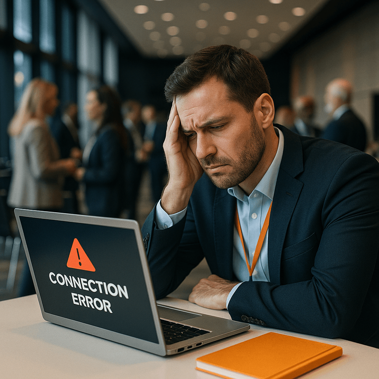 A business professional frustrated by a poor internet connection at a conference.