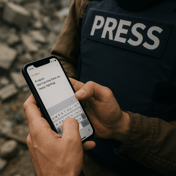 Journalist using a smartphone with a reliable data connection to report from a crisis zone.
