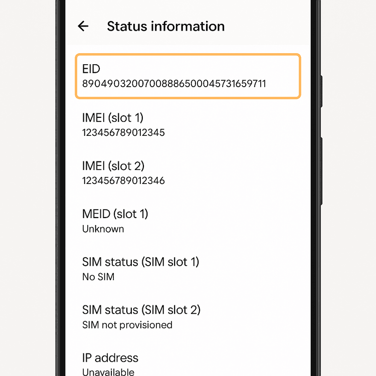 A diagram illustrating the steps to find the EID number on an Android smartphone in the 'About phone' settings.