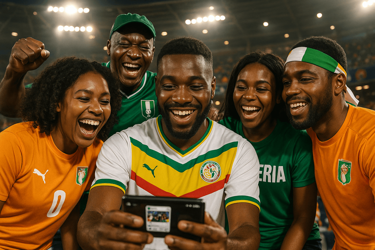 Football fans at the Africa Cup of Nations using a smartphone to share moments, highlighting seamless travel connectivity.