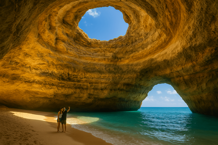 View from inside the Benagil Cave in the Algarve, with tourists taking photos on the beach.