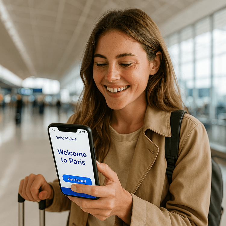 A happy traveler instantly connects to the internet with her Yoho Mobile eSIM upon landing at the airport.