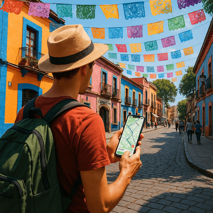 A tourist using a smartphone with an eSIM for navigation on a colorful street in Mexico City.