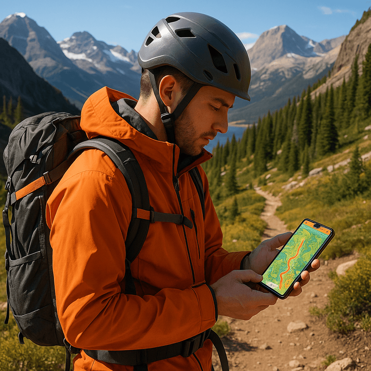 A hiker using a smartphone with a trail map app for navigation in the mountains, powered by a reliable eSIM.