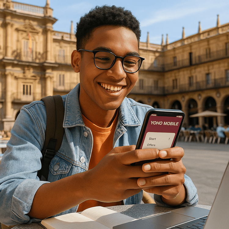 International student using a Yoho Mobile eSIM on their phone in Plaza Mayor, Salamanca.