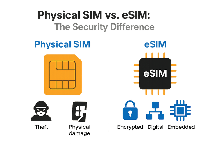 A diagram comparing the security features of a physical SIM card and an embedded eSIM, highlighting the digital advantages of eSIM technology.