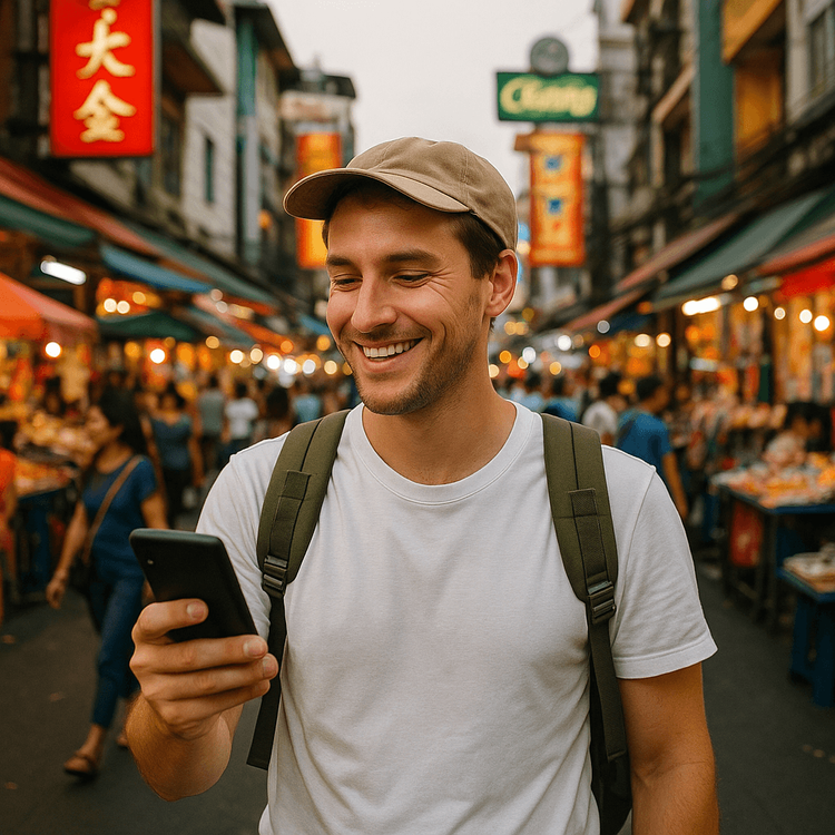 A happy tourist using their phone for navigation in a Bangkok market, thanks to their travel eSIM.