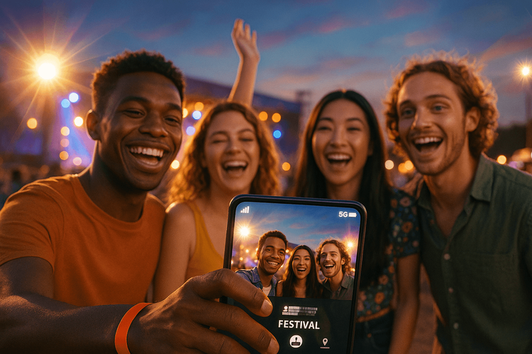 A group of friends enjoying the Lohas GBA Festival, connected with their Yoho Mobile eSIM.