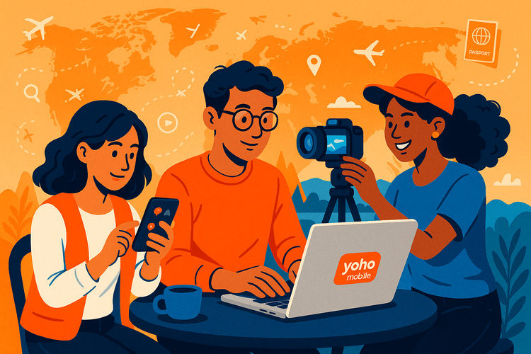 A diverse group of travel content creators collaborating and earning with the Yoho Mobile affiliate program.