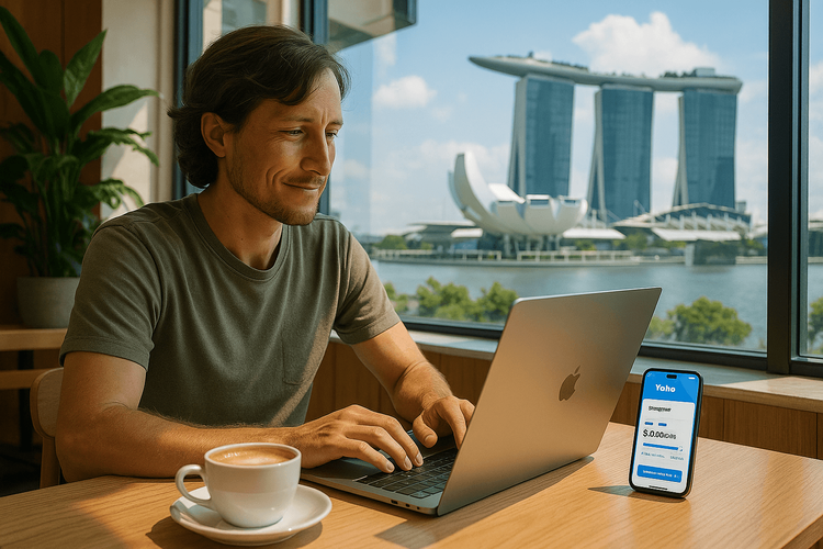 A digital nomad working on their laptop in a Singapore cafe with a view of Marina Bay Sands, using a Yoho Mobile eSIM for connectivity.