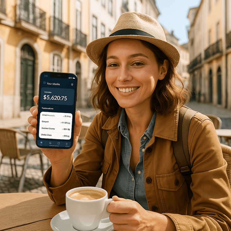 A traveler confidently uses her banking app on her smartphone, secured by a Yoho Mobile eSIM, while sitting at a cafe in Europe.