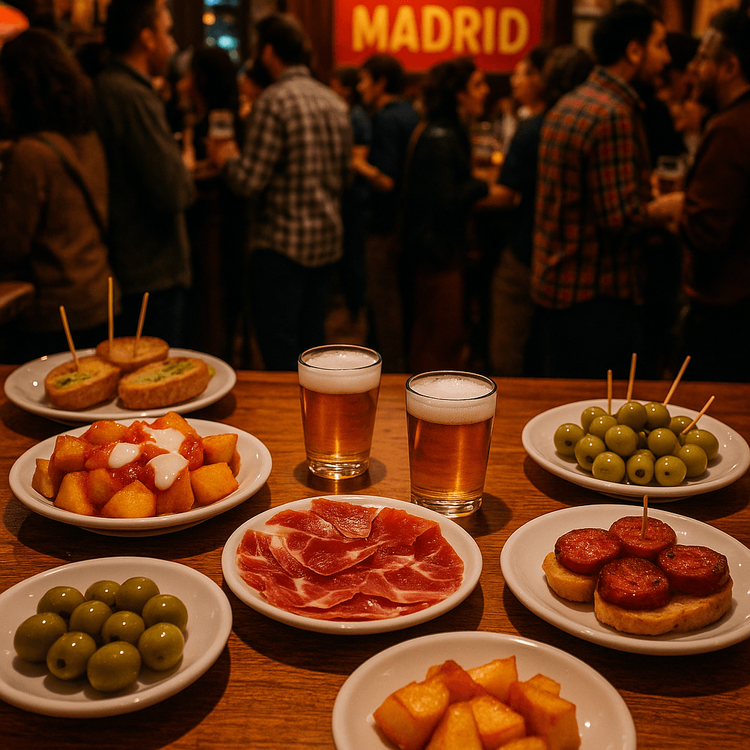A delicious spread of authentic Spanish tapas and drinks on a bar in Madrid.