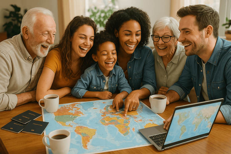 A happy group of people planning their family travel adventure with a map and a laptop.