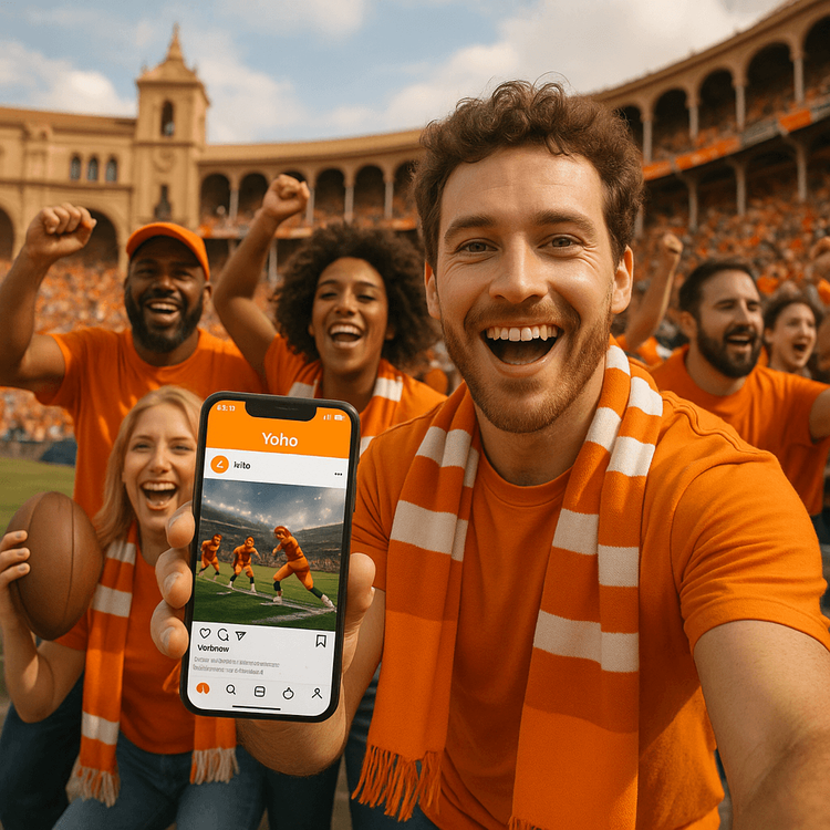 An NFL fan using a Yoho Mobile eSIM on their phone to share live updates from the Santiago Bernabéu stadium in Madrid.