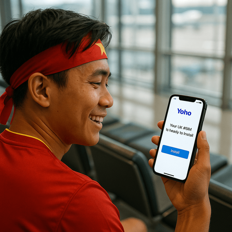 A Vietnamese football fan easily installing their Yoho Mobile UK eSIM on their phone before their flight.