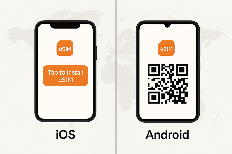 A visual guide showing the easy one-tap eSIM installation for iOS and QR code scan for Android with Yoho Mobile.
