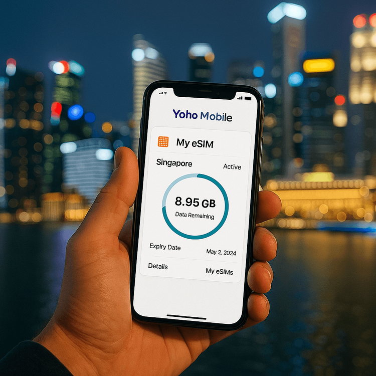 A crypto trader securely managing their travels with a Yoho Mobile eSIM on their smartphone.