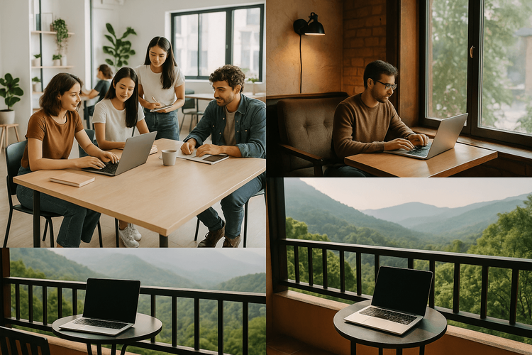 A collage showing the variety of workspaces available to digital nomads in Chiang Mai, from co-working spaces to scenic cafes.