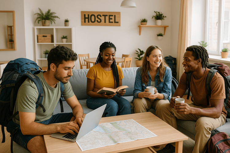 Young travelers socializing and planning their trips in a friendly and modern hostel common area.