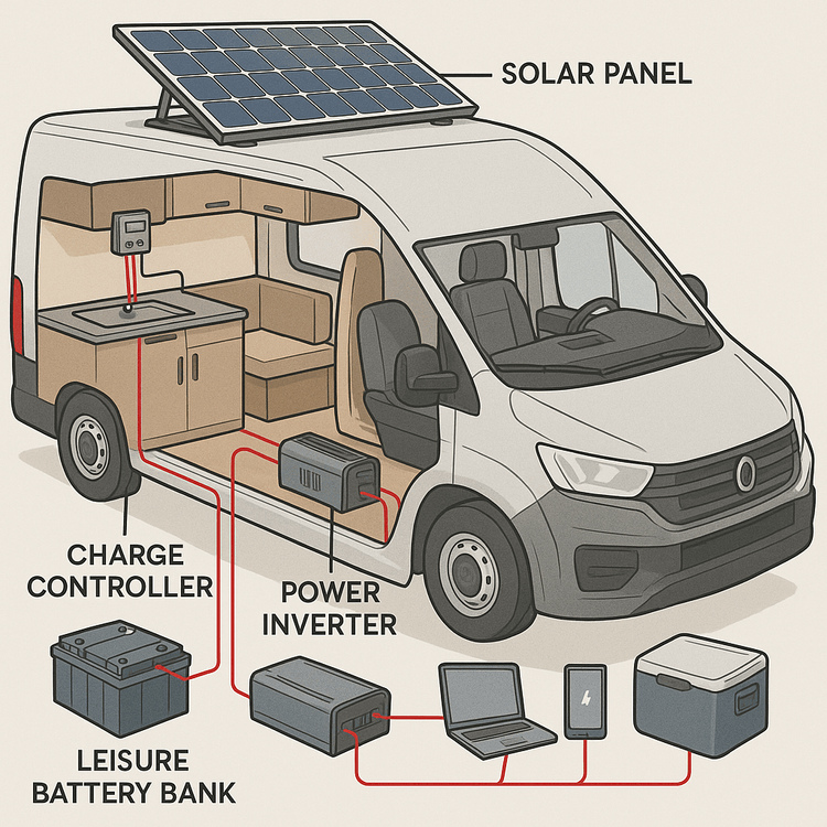 Diagram of an off-grid power setup in a campervan, including solar panels, a leisure battery, and an inverter.
