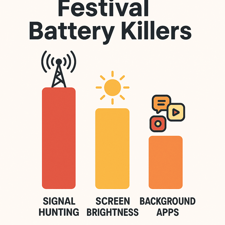 Infographic showing the top three battery drainers on a phone at a music festival: signal hunting, screen brightness, and background apps.