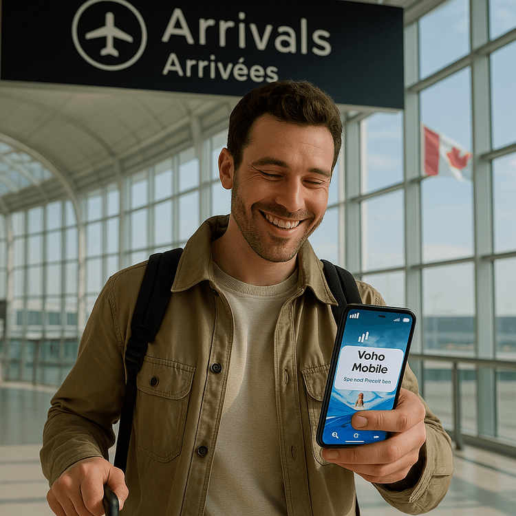 A traveler smiling at their phone with a full 5G signal from their Yoho Mobile eSIM upon arriving in Canada.