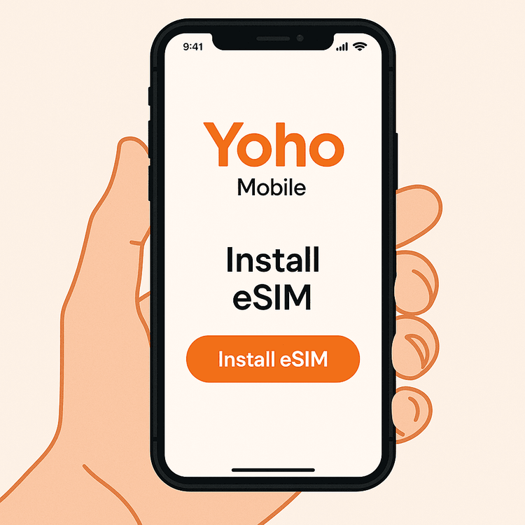 Illustration of the one-click eSIM installation button for iPhone in the Yoho Mobile app.