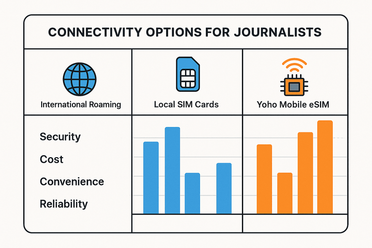 An infographic comparing the security, cost, convenience, and reliability of Yoho Mobile eSIM against international roaming and local SIM cards for journalists.