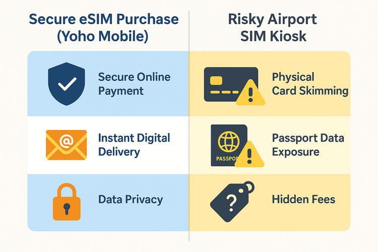 Infographic comparing the security of buying an eSIM online from Yoho Mobile versus purchasing a physical SIM from an airport kiosk.