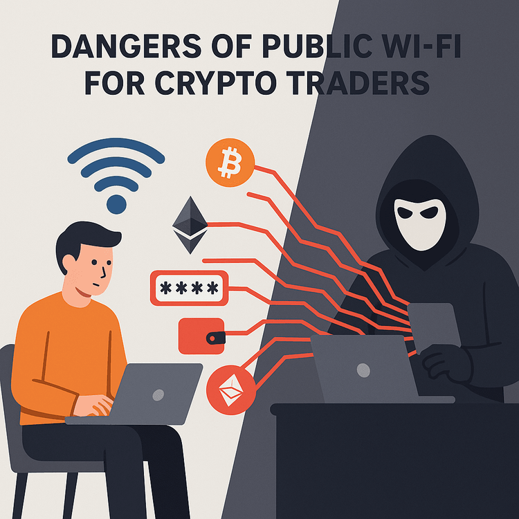 Diagram showing the risks of trading crypto on public Wi-Fi, including data interception by hackers.