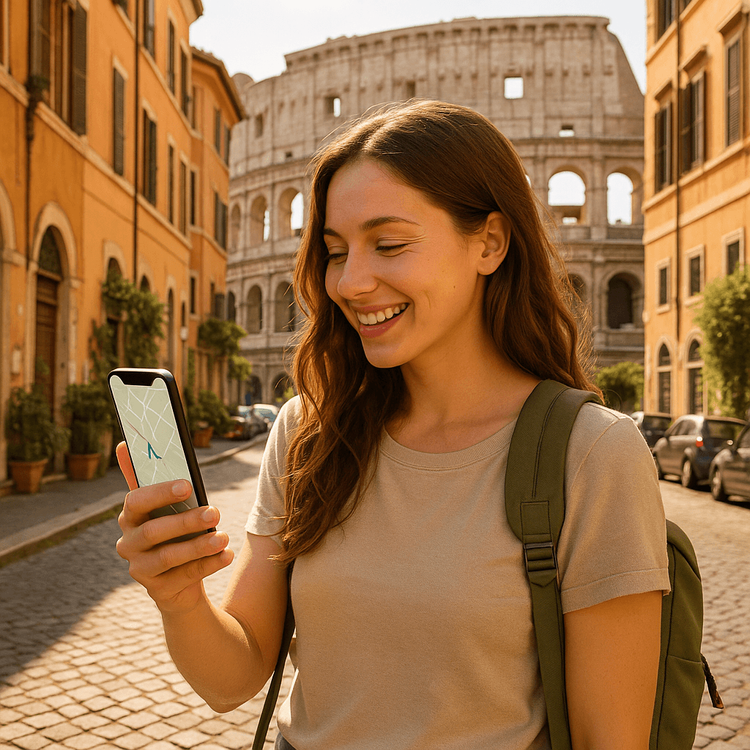 A traveler confidently uses her phone for navigation in Rome, thanks to a reliable eSIM data connection from Yoho Mobile.