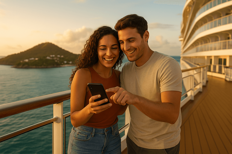 A couple using a smartphone with a Yoho Mobile eSIM on a cruise ship deck in the Caribbean.