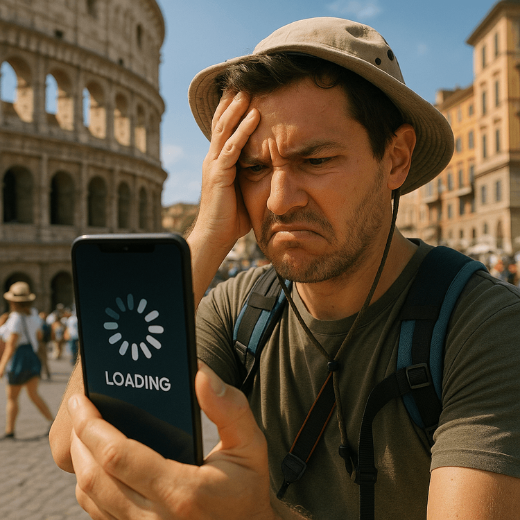 Frustrated traveler with slow mobile data trying to load maps on their phone in Europe.