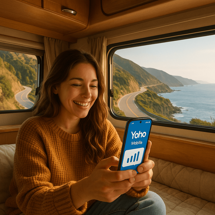 A woman using her smartphone with a Yoho Mobile eSIM inside her campervan with a scenic coastal view.