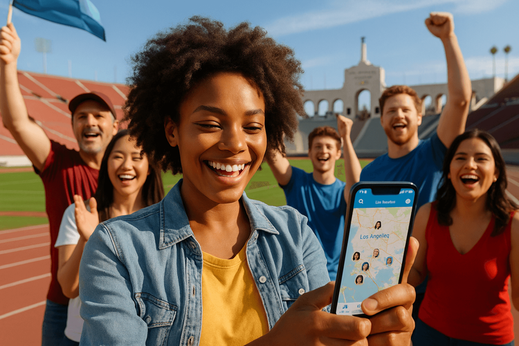 Fans enjoying the LA Olympics 2028 while staying connected with their smartphones.