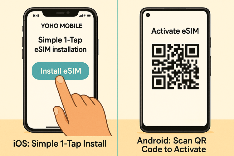 Comparison of the simple one-tap eSIM installation on iOS versus the QR code scan method on Android.