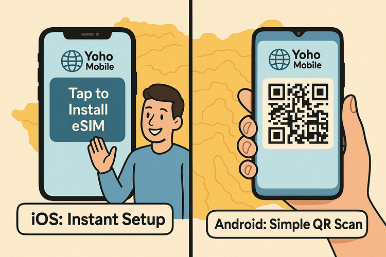 Illustration showing the simple eSIM activation process for both iOS and Android devices with Yoho Mobile.