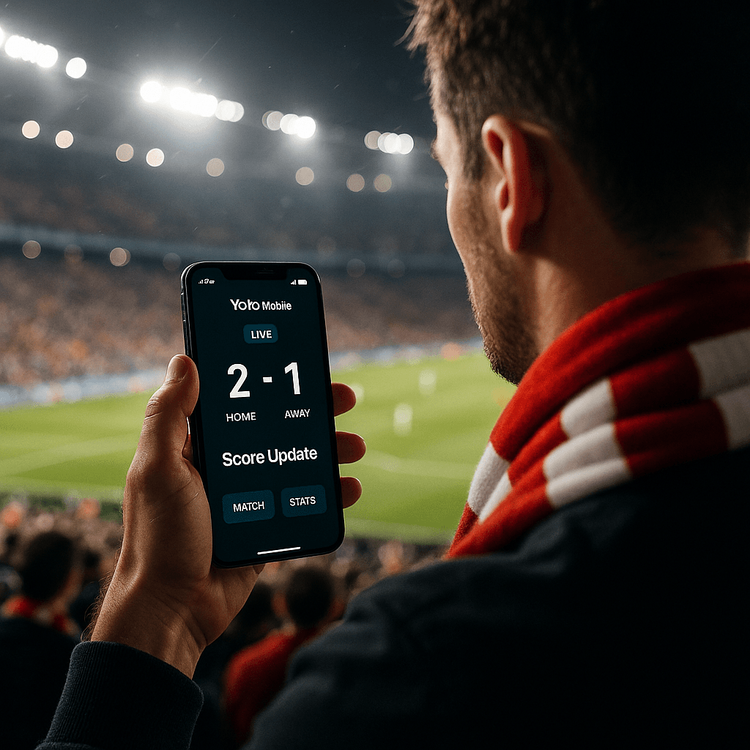 A sports fan in a stadium using their phone with a strong Yoho Mobile eSIM connection to check live scores during a game.