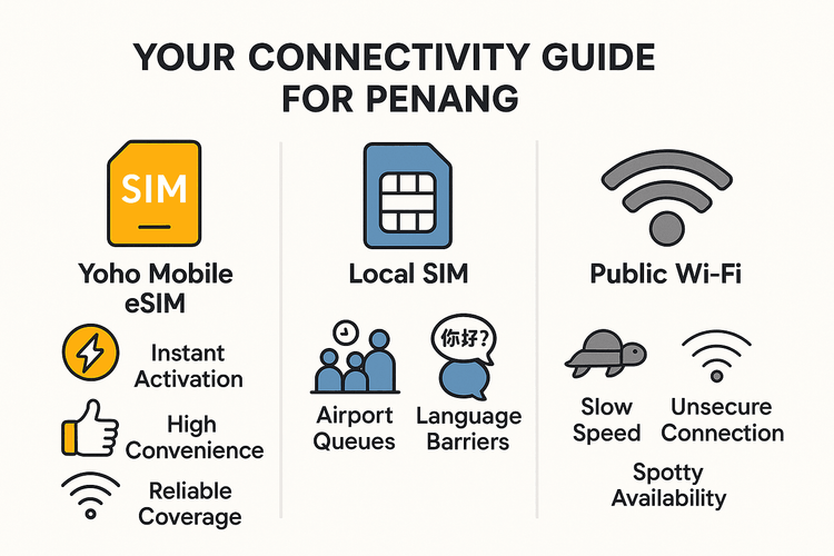 An infographic comparing the convenience and reliability of using a Yoho Mobile eSIM versus a local SIM or public Wi-Fi in Penang.