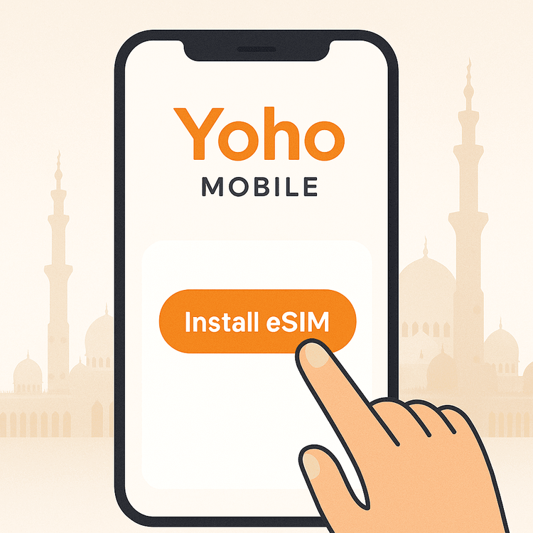 A finger tapping the 'Install eSIM' button on a smartphone with a silhouette of the Sheikh Zayed Grand Mosque in the background.