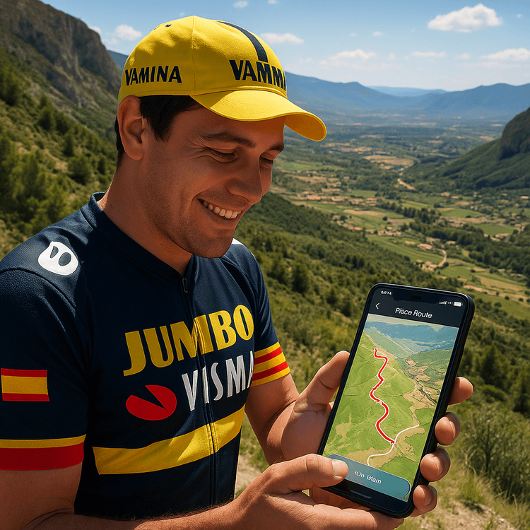 A cycling fan uses their phone with a Yoho Mobile eSIM to track the La Vuelta race live from a mountain viewpoint in Spain.