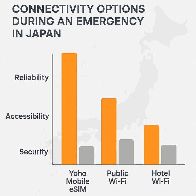 Infographic comparing the reliability, accessibility, and security of Yoho Mobile eSIM versus Public Wi-Fi and Hotel Wi-Fi during an emergency.