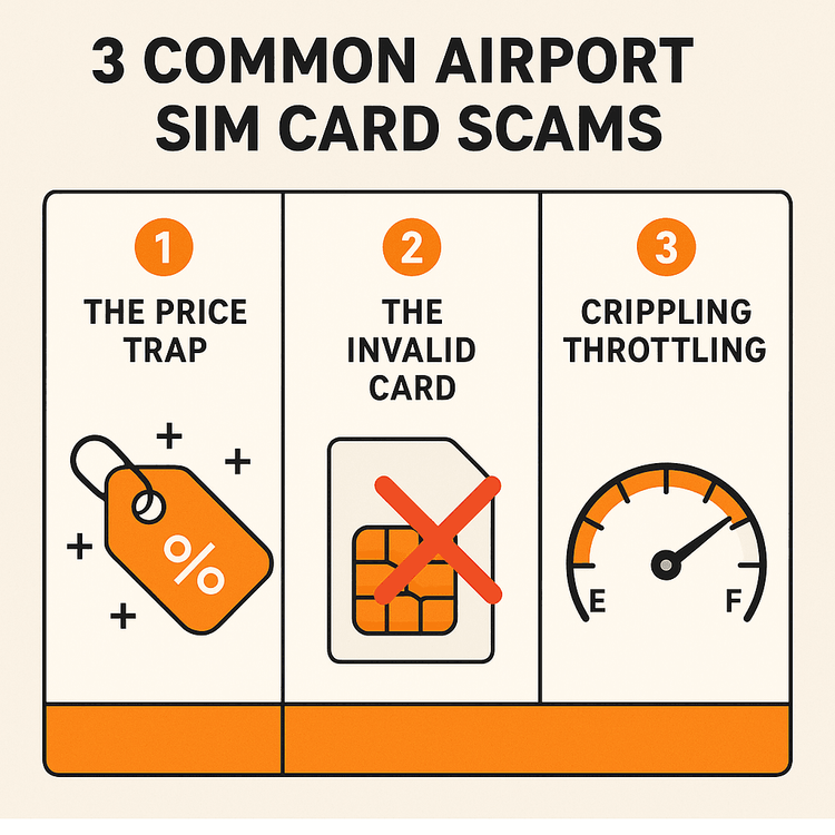 Infographic illustrating the top 3 airport SIM card scams: hidden fees, invalid cards, and data throttling.