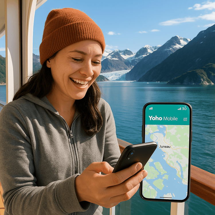 Traveler using a Yoho Mobile USA eSIM on their phone while on an Alaska cruise ship balcony.