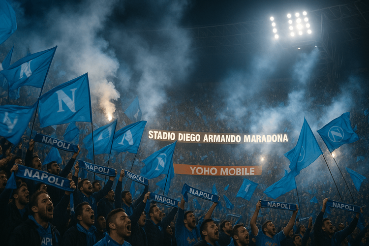Passionate Napoli fans creating an electric atmosphere inside the Stadio Diego Armando Maradona during a match.